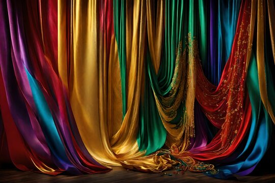 "A stunning image capturing the vibrant allure of a colorful stage curtain specifically designed for the Mardi Gras festival.