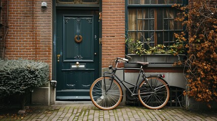 Fototapeta na wymiar Autumn Serenity: Vintage Bicycle by a Traditional Dutch Door