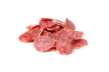 Tasty salami slices isolated on a white background.