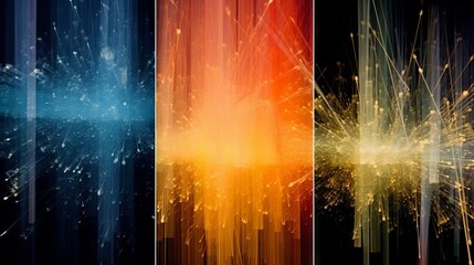 A triptych of abstract images featuring dynamic colored light beams in shades of blue, red and gold, creating an impression of movement and energy