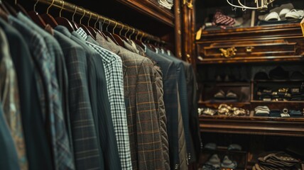 Selective focus on the men's wardrobe in the Old Money Aesthetic style