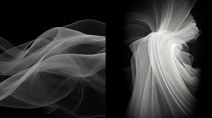 black and white abstract compositions depicting fluid, ethereal forms of fabric in motion against a dark background