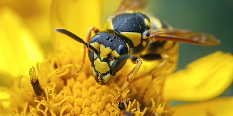 Macro Shot of a Wasp on a Yellow Flower