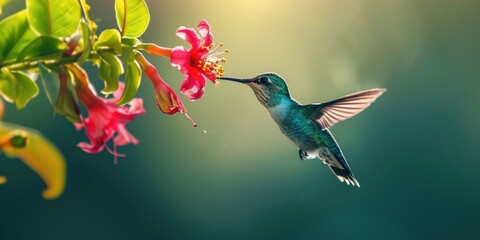 Hummingbird Feeding on Pink Flowers