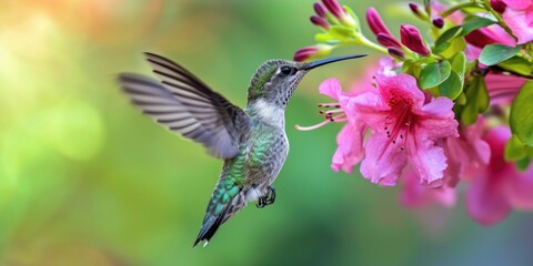 Hummingbird Feeding on Pink Flowers