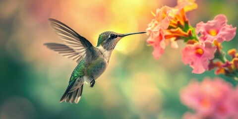 Hummingbird Feeding on Pink Flowers