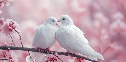 Fototapeta premium White Doves on Cherry Blossom Branch