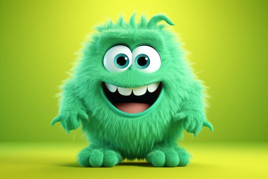 Cute green furry monster 3D cartoon character