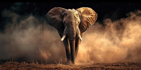 Majestic Elephant Enveloped in Dust at Sunset