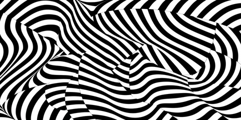 An abstract artwork inspired by Op Art, with contrasting black and white patterns that create a sense of movement. 