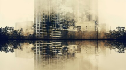 Reflection of a modern building in water, creating a symmetrical, abstract and mystical effect