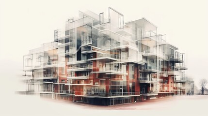 Abstract image of a multi-layered modern residential building, overlapping elements and translucent outlines on a white background