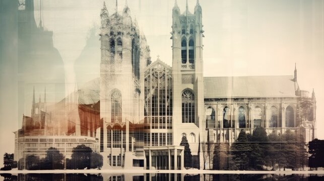 A multi-exposure image of a historic church building, showing the interweaving of Gothic architectural elements with a modern glass façade, creating a complex visual pattern