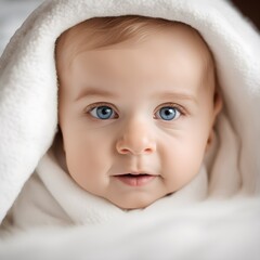 a very cute little white caucasian baby kid wrapped in soft white blanket on a bed. image perfect for ads. 