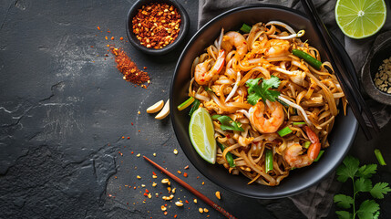 pad thai with bean sprouts, shrimp and coriander, served in a bowl, top view with copy space