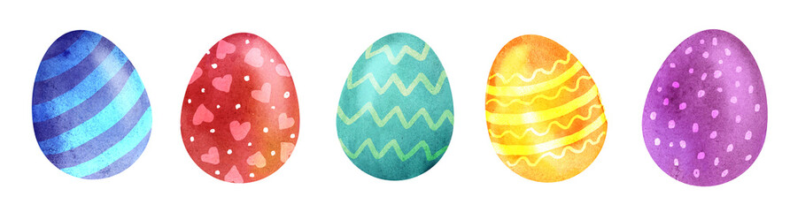 set of watercolor Easter eggs with a simple cute pattern