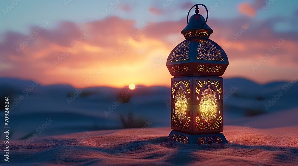 Poster lantern in the desert at sunset. ramadan kareem background