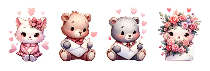 Set of Bear and heart cartoon watercolor for Valentine's day's 