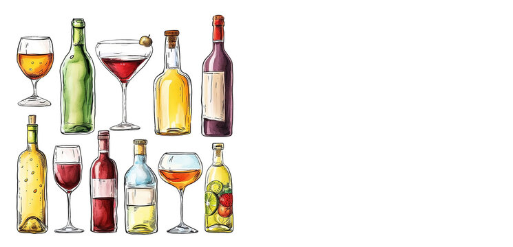 Bottles and glasses with alcoholic beverages on white background, space for text on the right, color sketch illustration