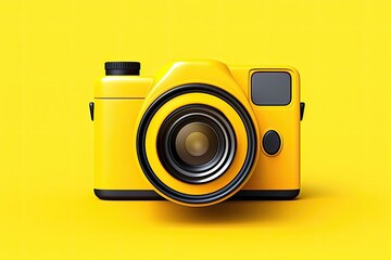 Bright yellow camera with a central lens on a yellow background. - obrazy, fototapety, plakaty