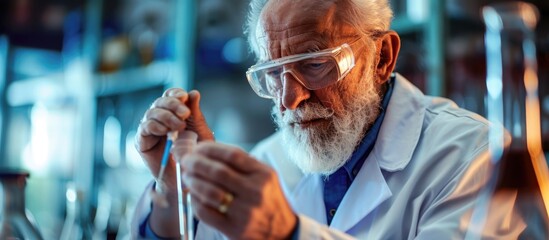 Proportions matter, as a mature gentleman in a lab coat attentively adds chemical liquid to a test tube with a pipette.