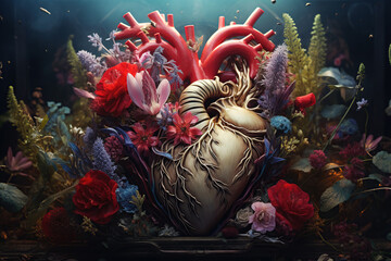 Surreal heart with blooms, Victorian Valentine's theme, book cover