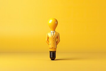 Character with a lightbulb head in a yellow suit on a yellow background. - obrazy, fototapety, plakaty