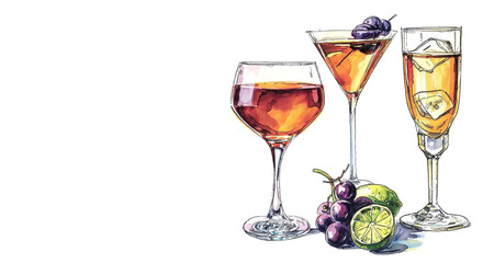 Glasses with alcoholic beverages on white background, space for text on the left, color sketch illustration