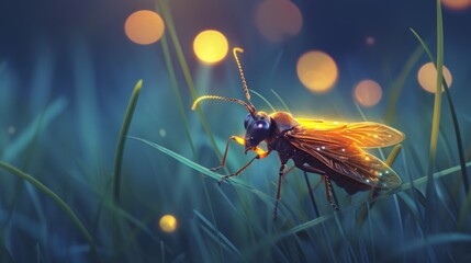 Closeup shot of a firefly on the grass with bokeh.