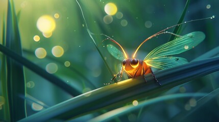 Closeup shot of a firefly on the grass with bokeh.