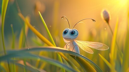 3D rendering of a cute little firefly on a blade of grass.
