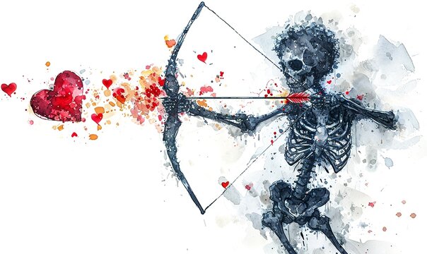 cute illustration, of a sinister looking cupid, shooting arrows with heart
