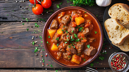 spicy Hungarian goulash with meat and vegetables, top view with copy space - obrazy, fototapety, plakaty