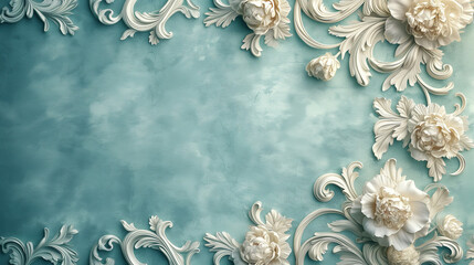 Background, texture, blue paper decorated with white flowers in baroque stucco style