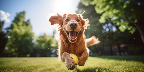 Happy dog playing with a ball in summer. Playful dog. Adventures with your dog