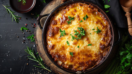 Greek moussaka in an iron pot, top view with some copy space - obrazy, fototapety, plakaty