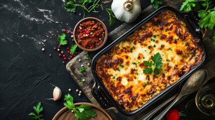 Greek moussaka in an iron pot, top view with copy space