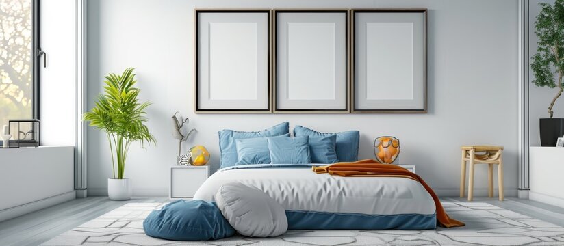Empty posters in a boy's room with blue accent on bed