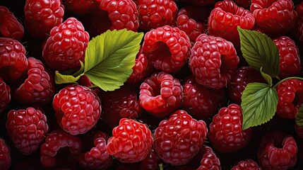 Ripe raspberries top view. Realistic 3D illustration of raspberry berries wallpaper. Raspberry texture for printing on fabric, paper, wallpaper. Raspberry print, banner. Fruit and berry background.