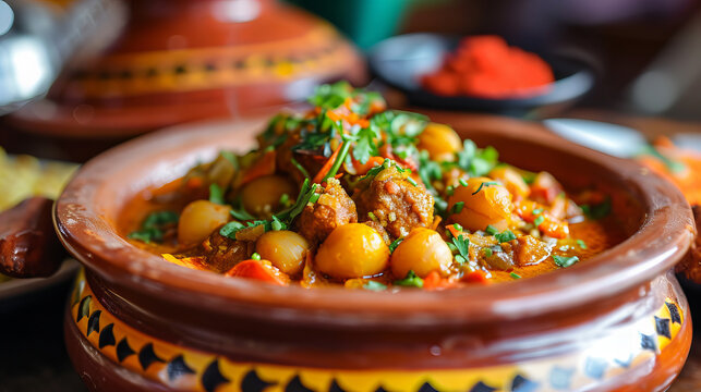 tagine - Moroccan speciality in a clay bowl, closeup