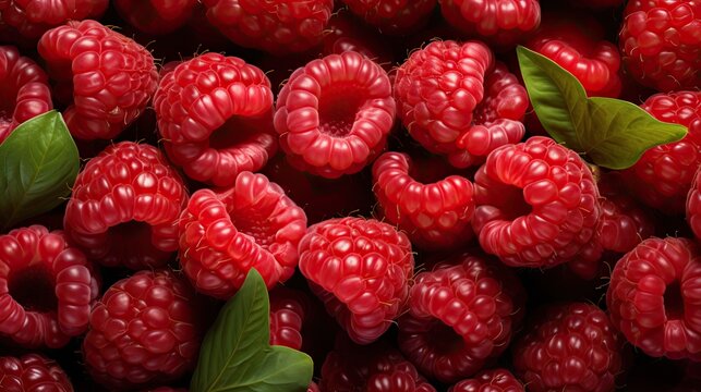 Ripe raspberries top view. Realistic 3D illustration of raspberry berries wallpaper. Raspberry texture for printing on fabric, paper, wallpaper. Raspberry print, banner. Fruit and berry background.
