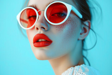 Beauty with eyeglasses. fashionable red woman with big glasses. A close up of a woman wearing big white sunglasses. Glamour portrait of beautiful young woman model in big fashion. - obrazy, fototapety, plakaty
