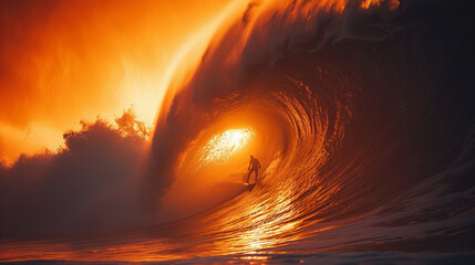 A breathtaking moment frozen in time as a skilled surfer rides a towering wave, bathed in the warm hues of a sunrise, with the water glistening as the surfer skillfully maneuvers t