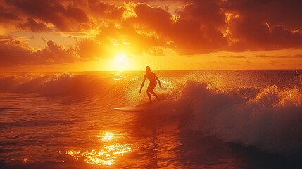 A vibrant beach scene featuring a surfer paddling out to catch a wave, with the sun casting a golden sheen on the rolling ocean, capturing the anticipation and serenity before the