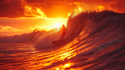 A silhouette of a surfer framed against a fiery orange sunset, skillfully riding the crest of a wave, showcasing the perfect harmony between the natural elements and the athleticis