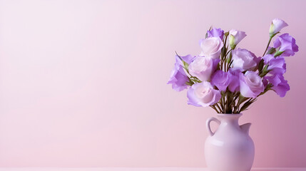 Obraz premium Purple Eustomas in vase on peach background. Copy space, text space, layout, Banner