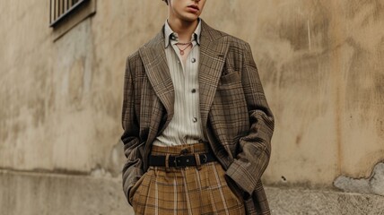 Extravagant young man on the street dressed in the Old Money Aesthetic style