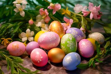 Fototapeta na wymiar Greeting card with colorful eggs and flowers. Happy Easter