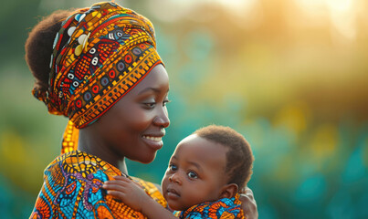 Pretty African woman holding a newborn baby in her arms - obrazy, fototapety, plakaty