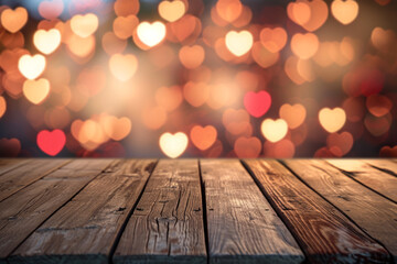 empty wooden table with defocused bokeh hearts and rounds in colorful, template with heart symbols, a mockup scene for Valentine's Day